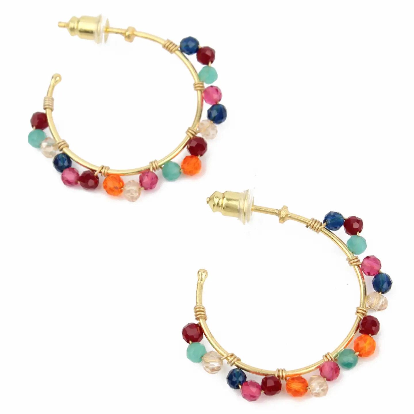 Rainbow Stones Wired Gold Hoop