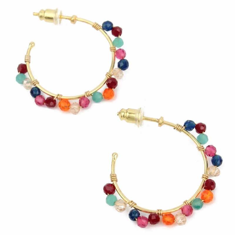 Rainbow Stones Wired Gold Hoop