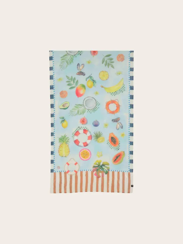 Silk Blend Scarf with Vacation Motifs - True Blue