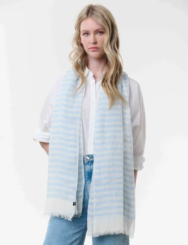 Lightweight Linen Striped Scarf True Blue