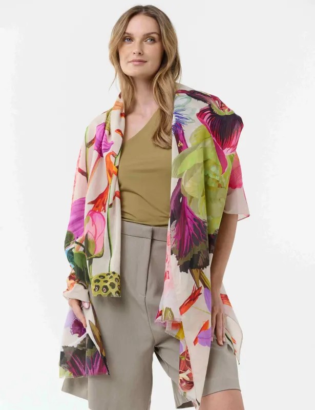 Large Scarf with Floral Design Butter Cream