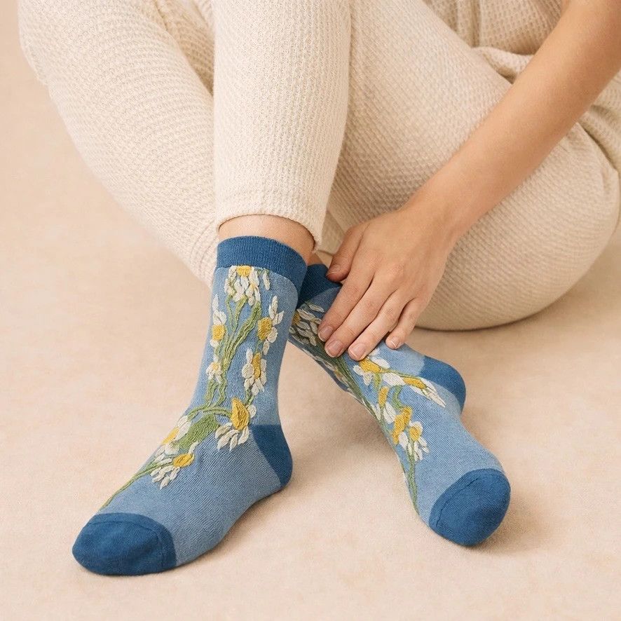 Bellis Daisy Floral Applique And Pointelle Crew Socks
