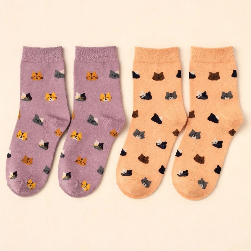 Mew Cat Pattern Socks Coral/Grape
