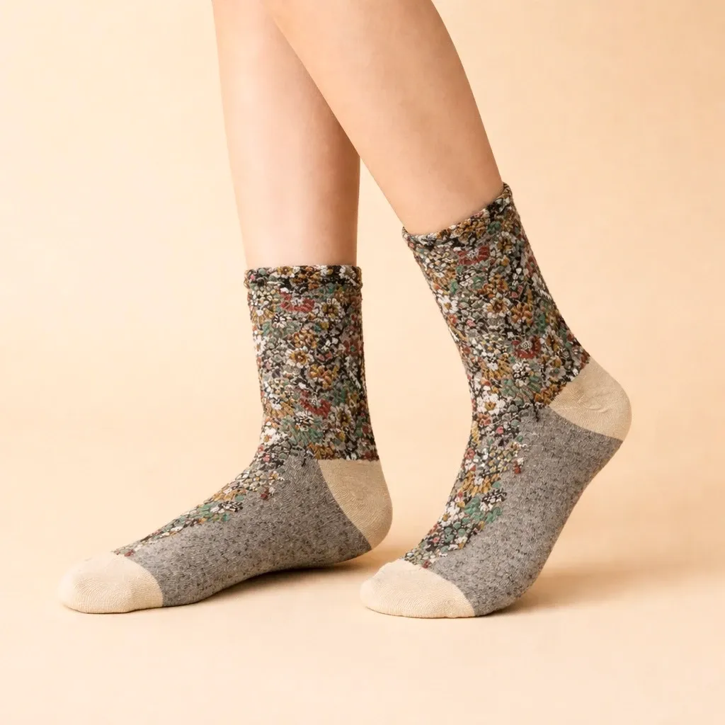 Brueghel Floral Applique And Pointelle Crew Socks