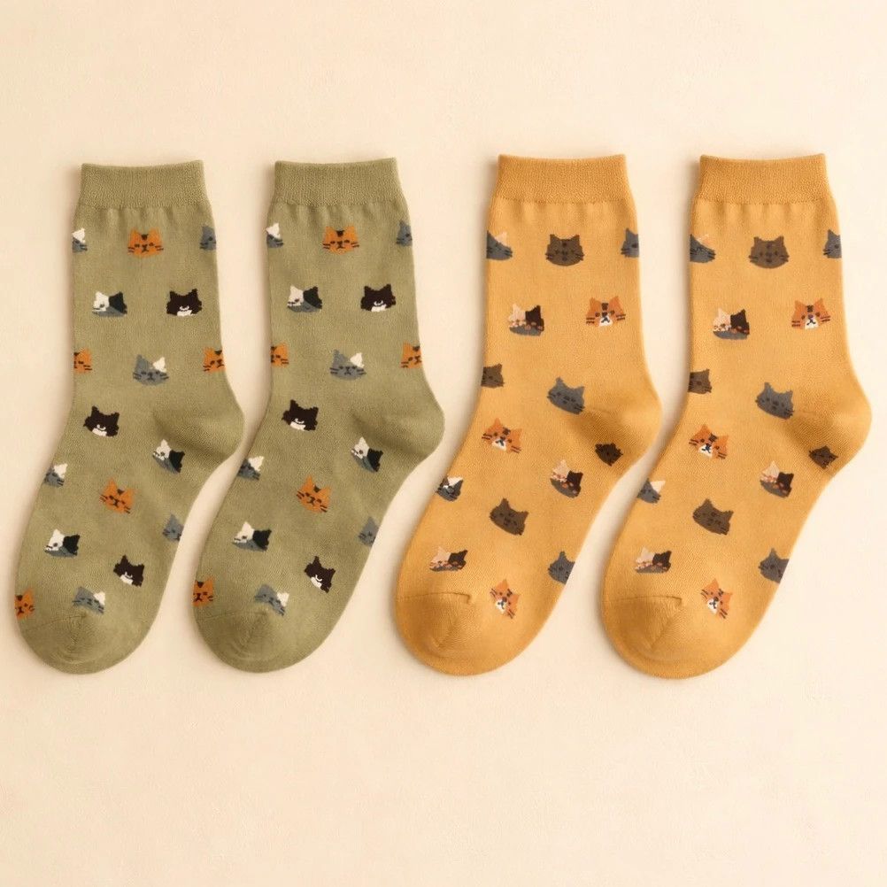 Mew Cat Pattern Socks Appricot/Moss