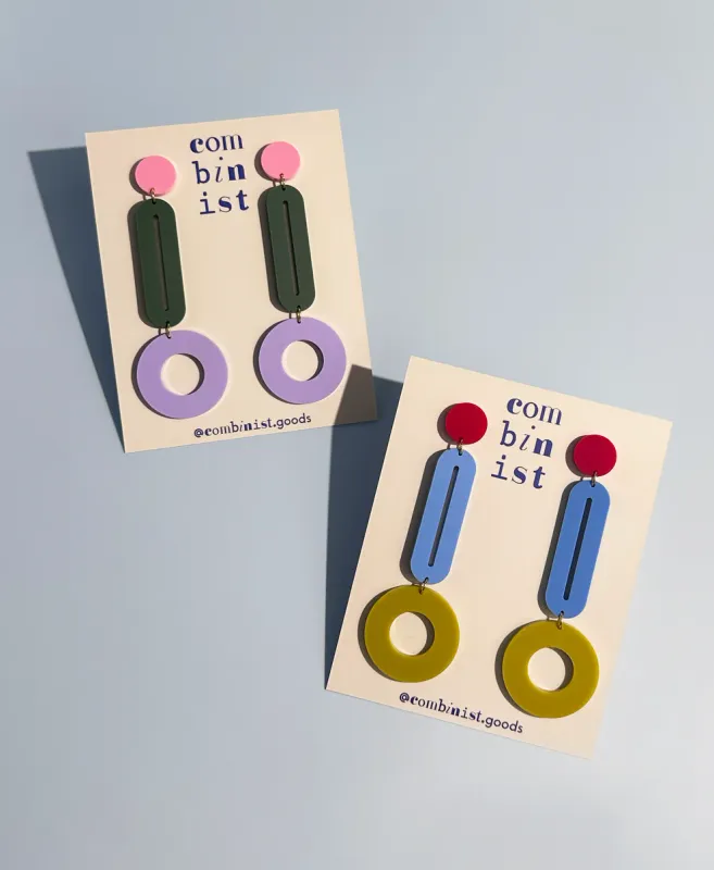 Pendulum Dangle Earrings Red | Cornflower Blue | Chartreuse Green