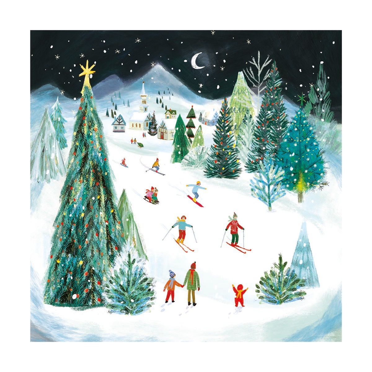 Boxed Christmas Cards Small Square Night Skiing