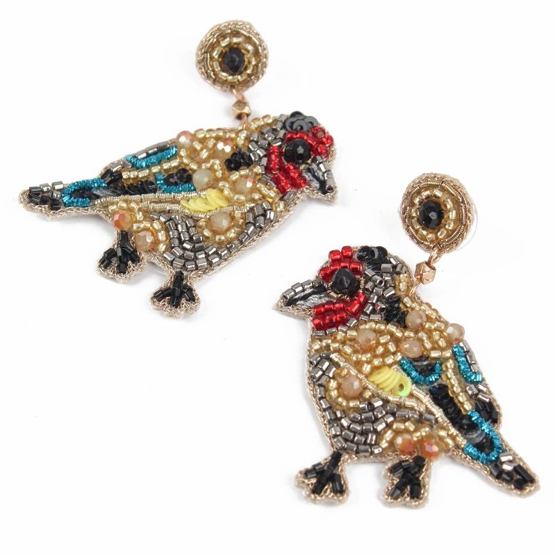 Beaded Goldfinch Small Bird Earrings
