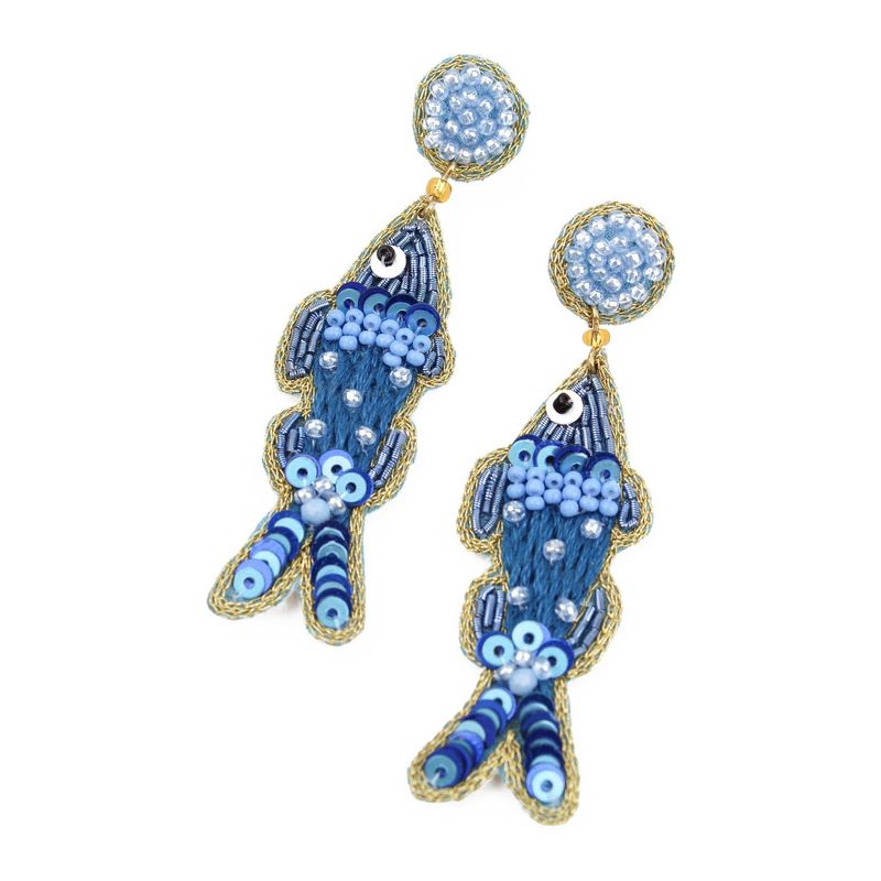 Beaded Blue Stitch Fish Earrings