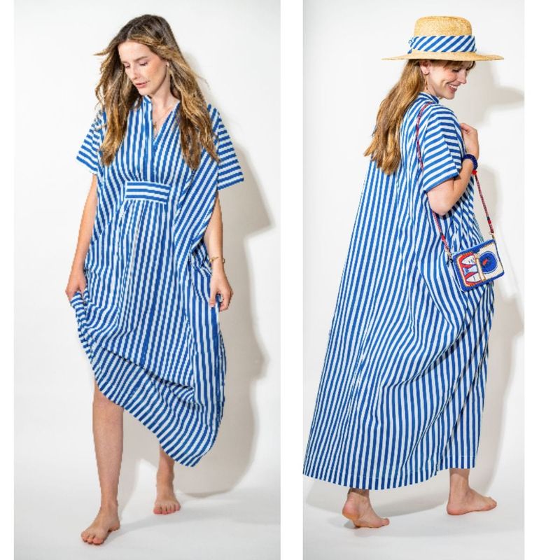 Margot Stripe Kaftan Blue + White