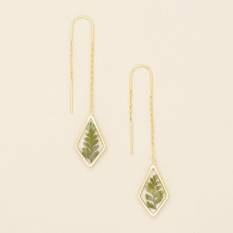 Pressed Flower Thread Earring Green Bracken Fern