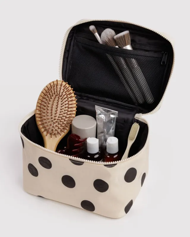 Large Cosmetic Case Cream and Black Polka