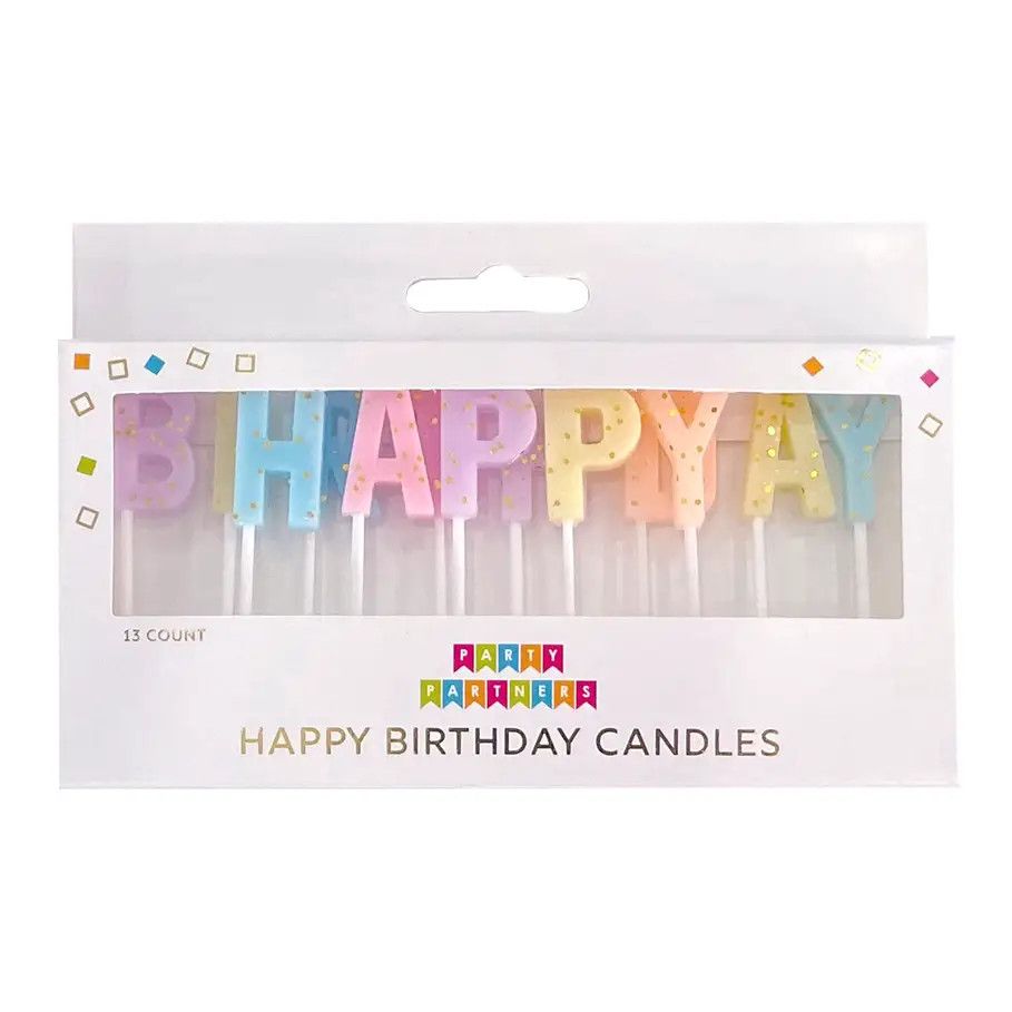 Happy Birthday Pastel With Gold Glitter Candles Set
