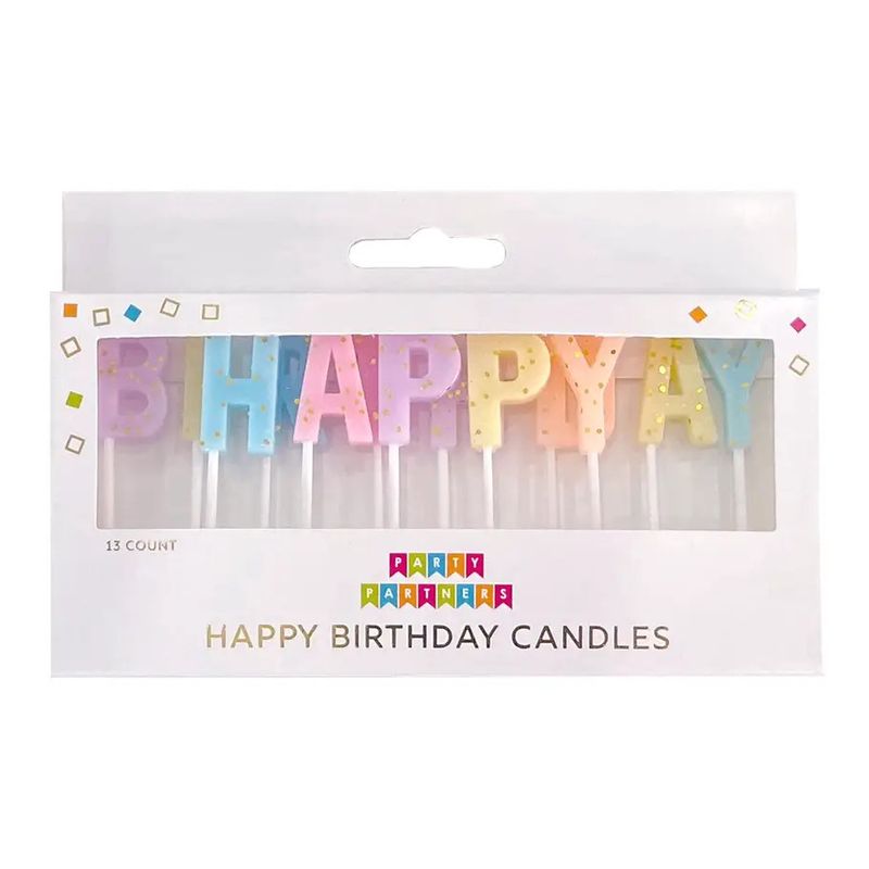 Happy Birthday Pastel With Gold Glitter Candles Set