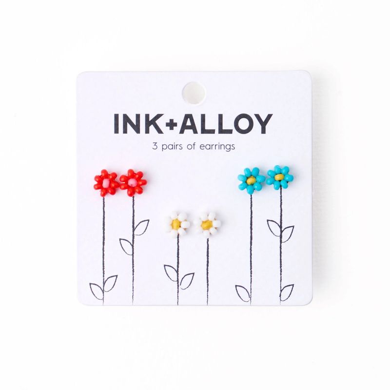 Tina Flower Earrings Trio Set Aqua, Tomato + White