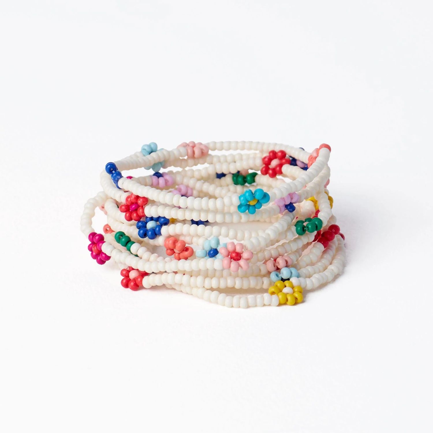 Sage Multi-Colour Flower Beaded 10 Strand Stretch Bracelets Ivory