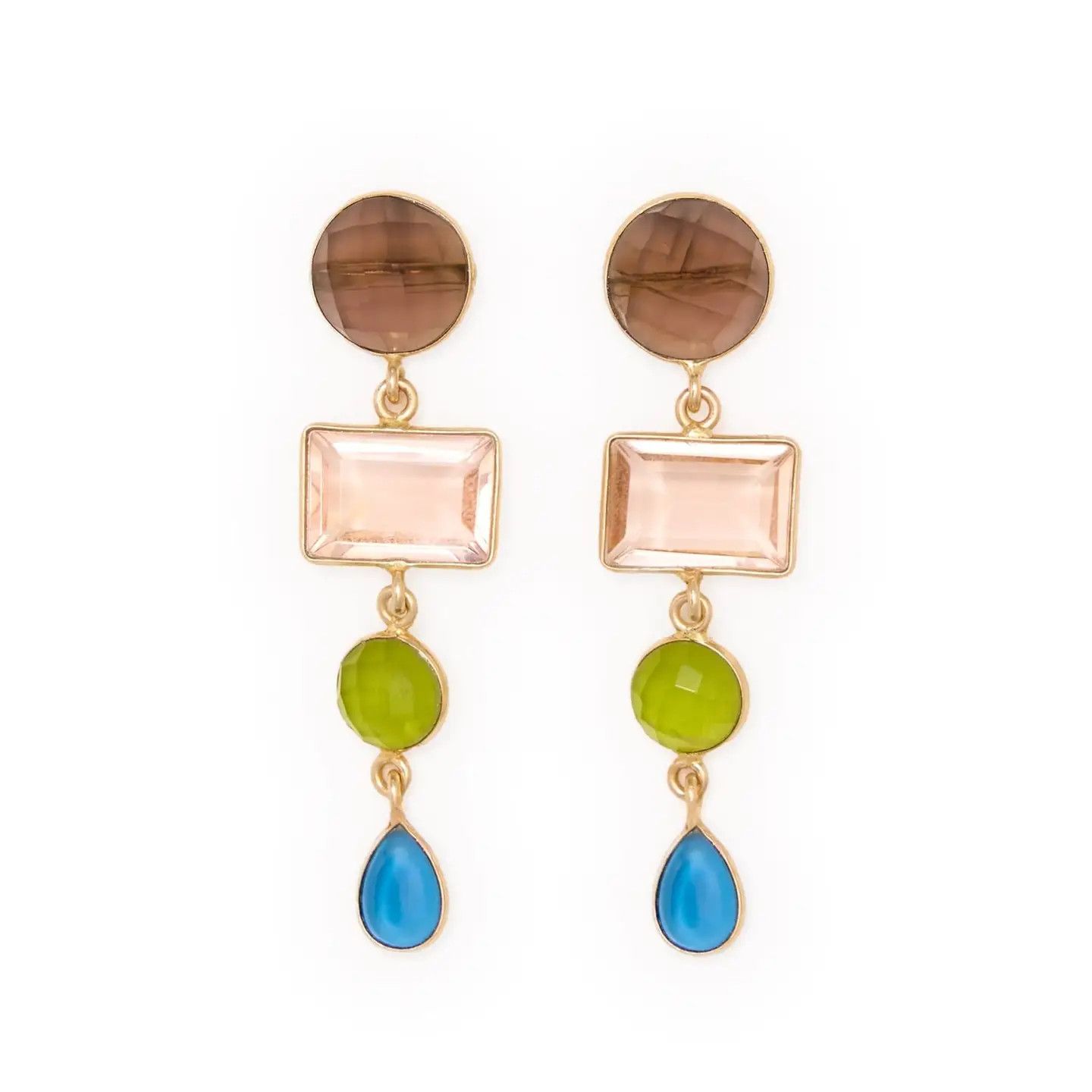 Natalie Dangle Glass + Smoky Quartz Stone Earrings Brass