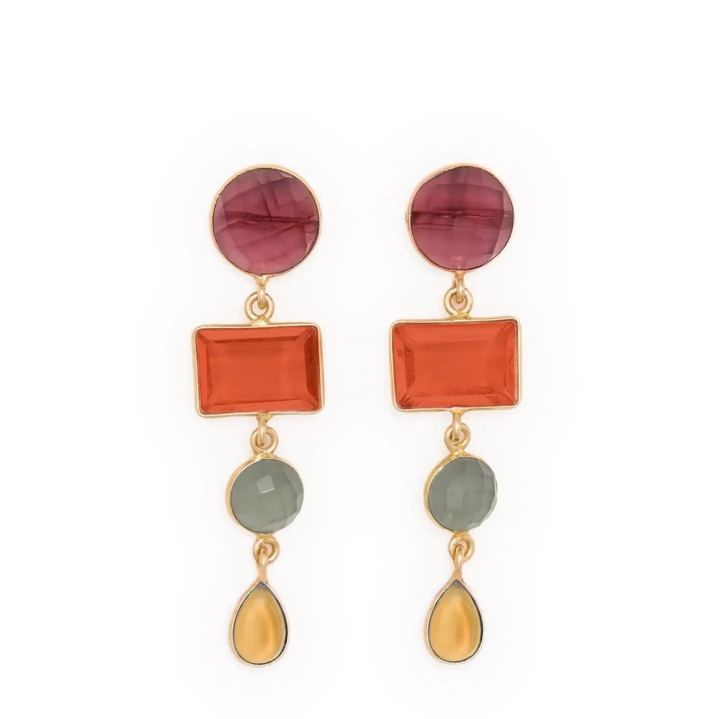 Natalie Dangle Glass Stone Earrings Brass