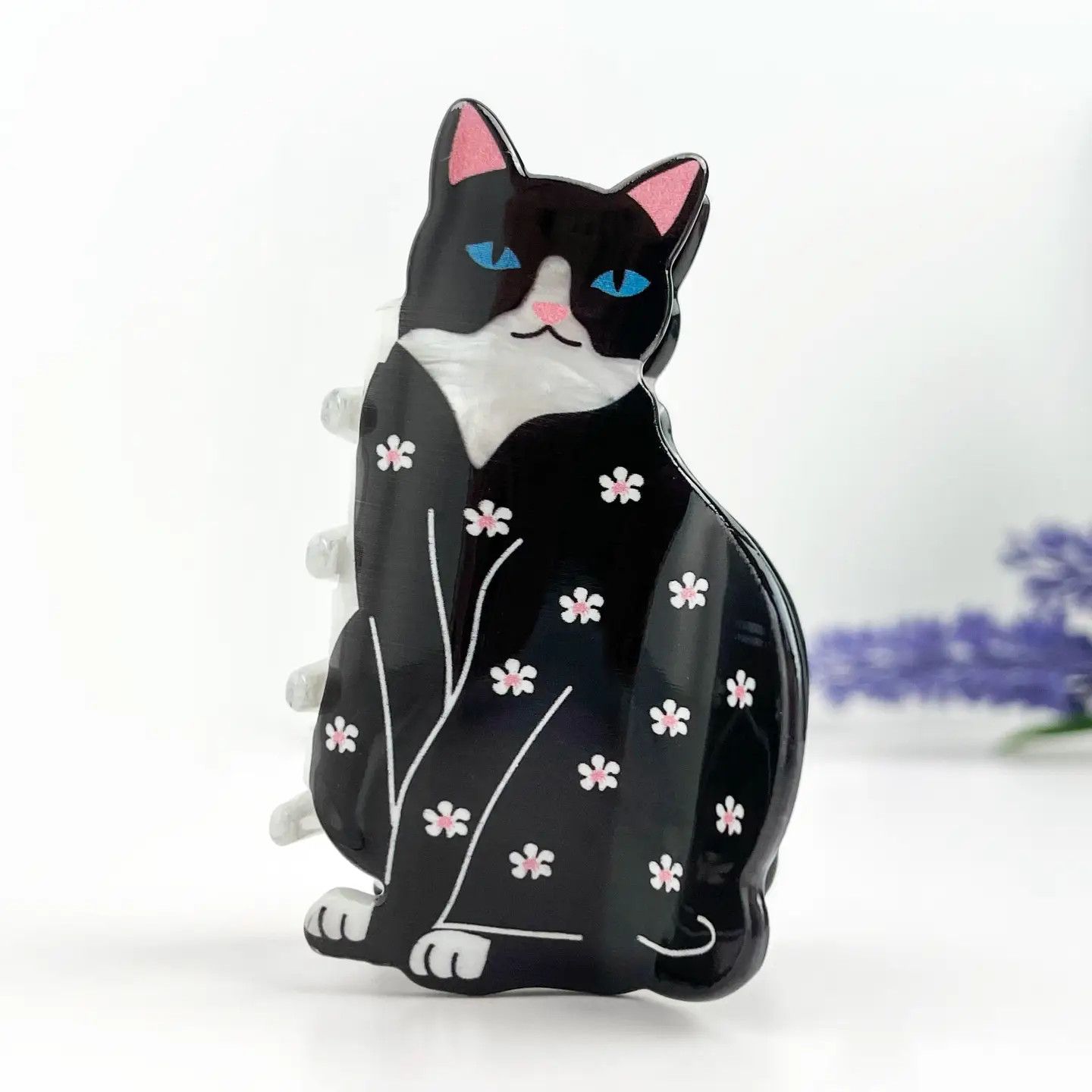 Whimsical Floral Tuxedo Cat Hair Claw Clip