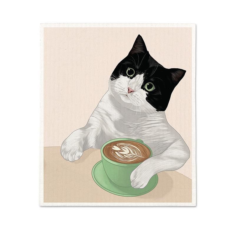 Cat with Latte Swedish Dishcloth