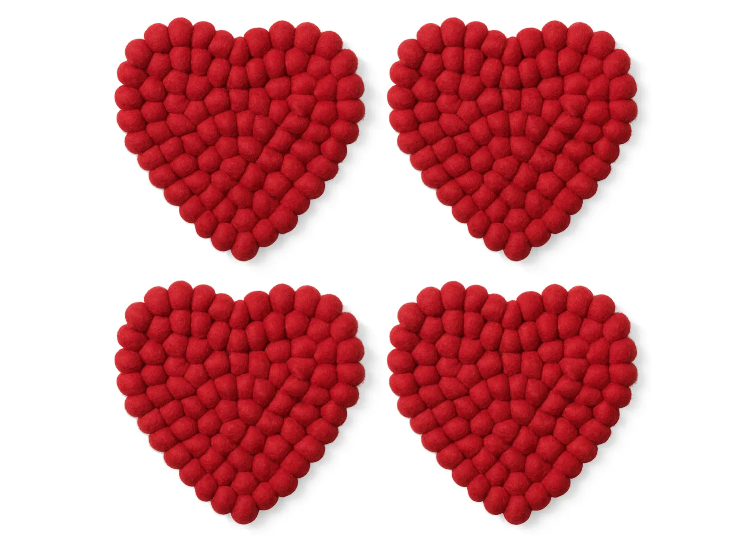 Felt Pompom Four Piece 5" Heart Coaster Set Solid Red