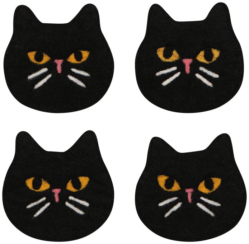 Felt Wool Coasters Set of 4 Black Cat