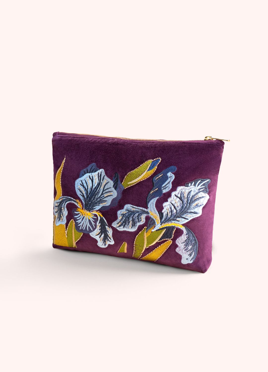 Velvet Embroidered Zip Pouch Iris