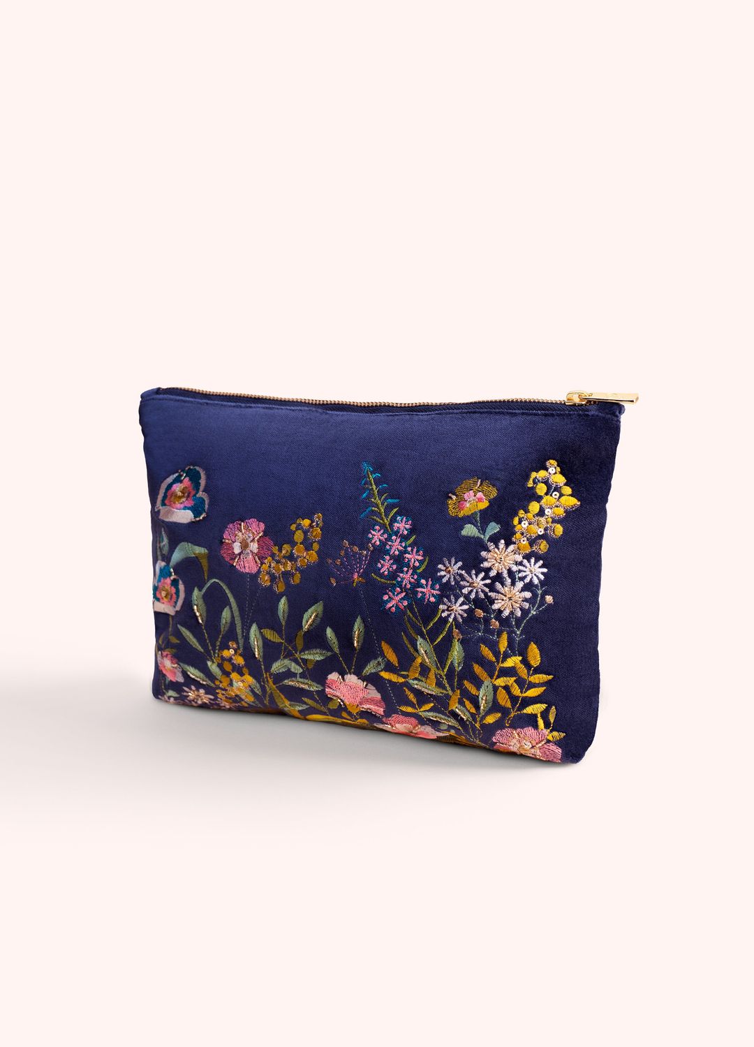 Velvet Embroidered Zip Pouch Floral Hedgerow