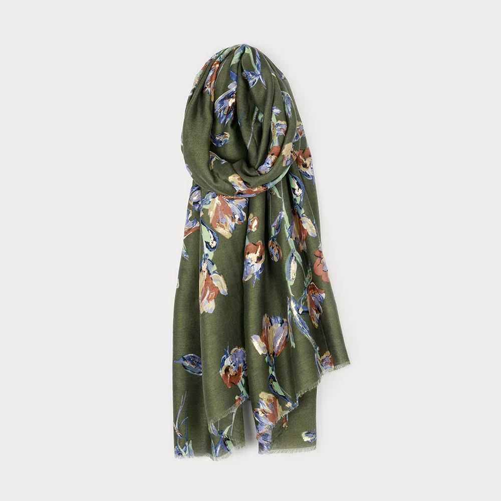 Scarf Large Lightweight Flower Print Khaki