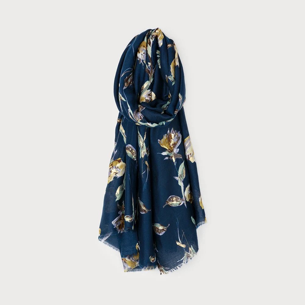 Scarf Large Lightweight Flower Print Navy