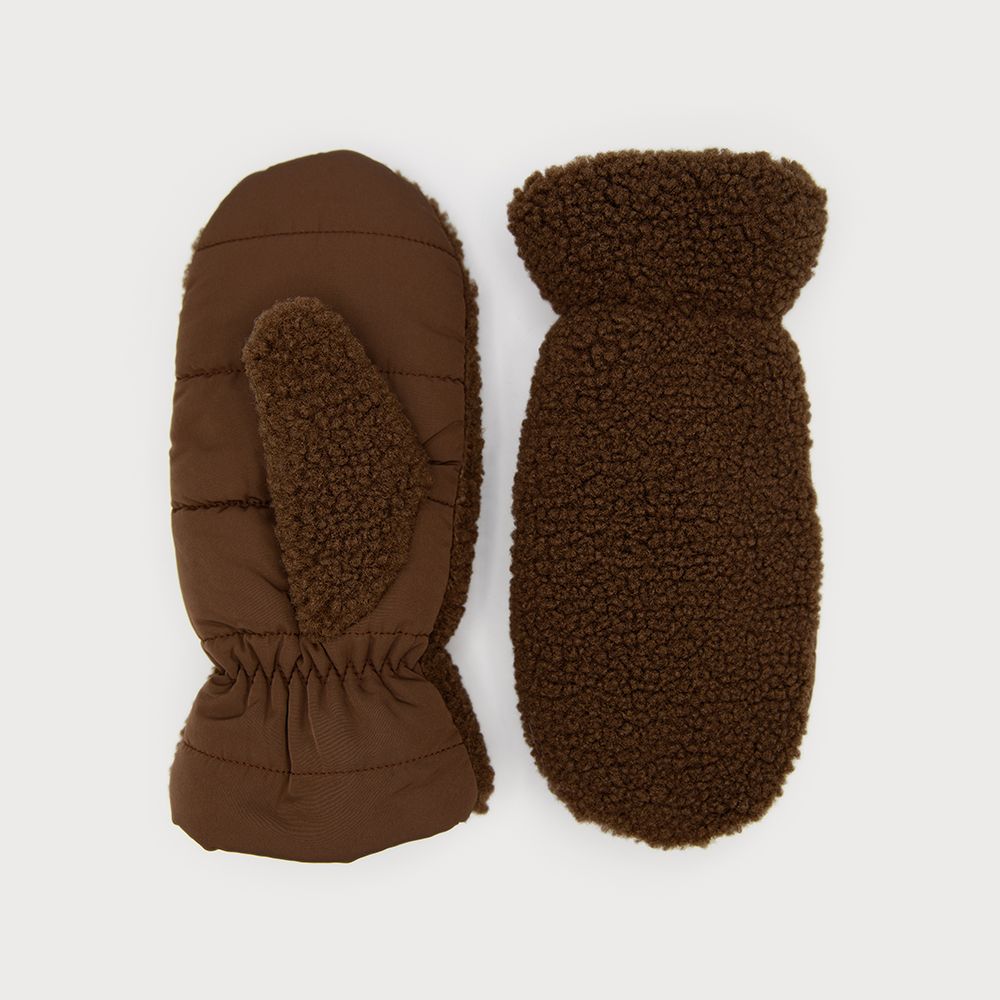 Sherpa Effect Mittens with Quilted Palm Chocolate Brown