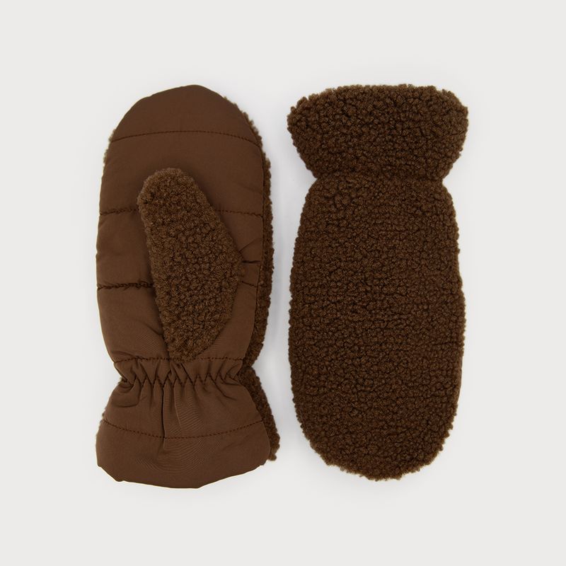Sherpa Effect Mittens with Quilted Palm Chocolate Brown