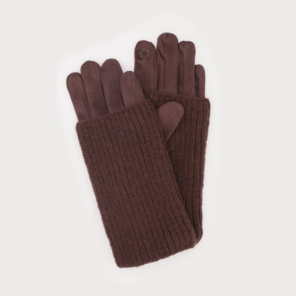 Ribbed Wrist Warmer with Faux Suede Glove Chocolate
