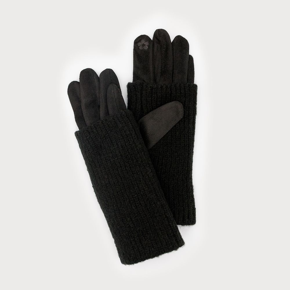 Ribbed Wrist Warmer with Faux Suede Glove Black