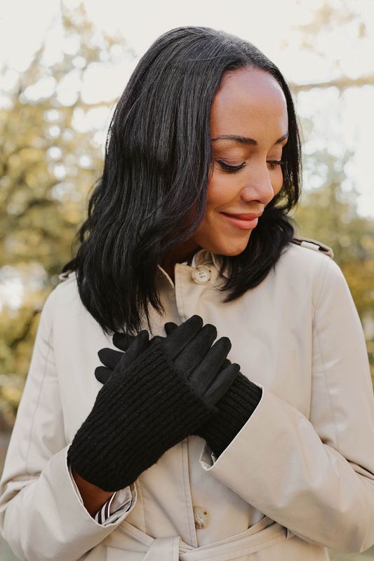 Ribbed Wrist Warmer with Faux Suede Glove Black