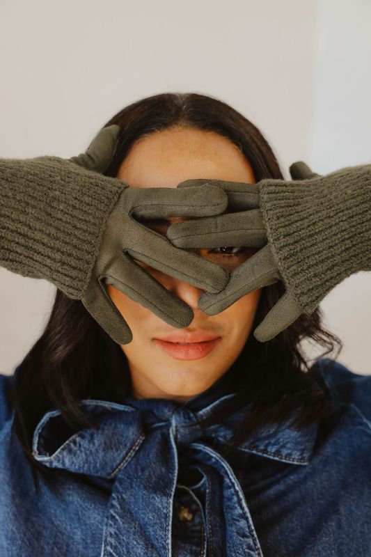 Ribbed Wrist -Warmer with Faux Suede Glove Turquoise