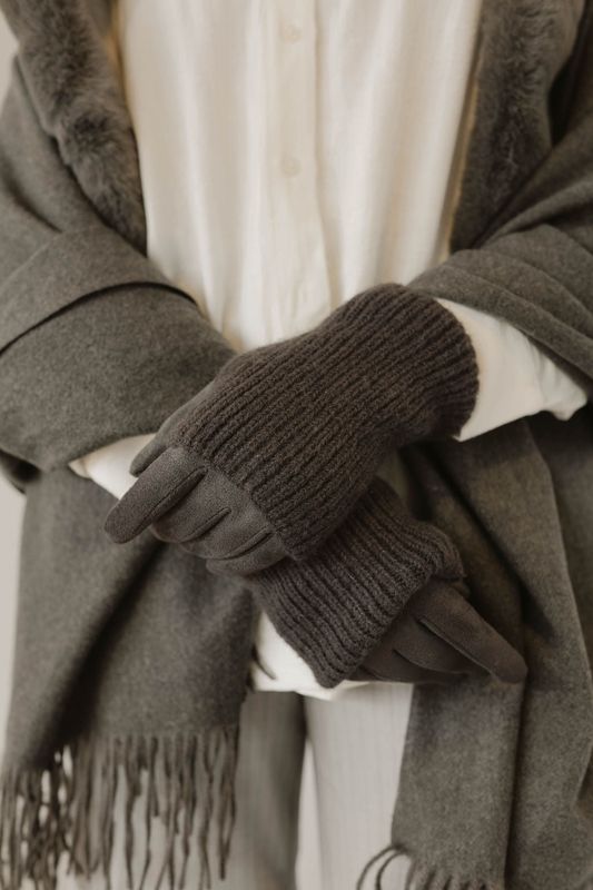 Ribbed Wrist -Warmer with Faux Suede Glove Dark Grey