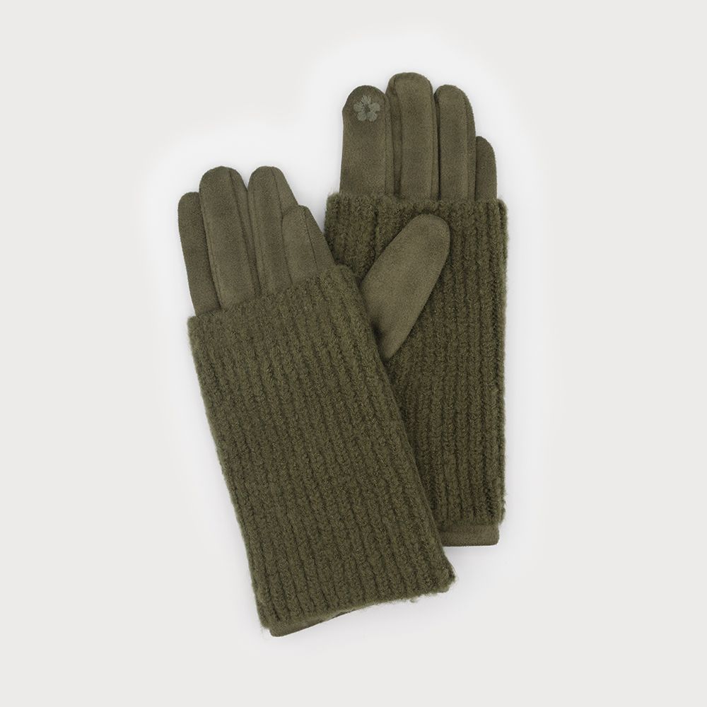 Ribbed Wrist -Warmer with Faux Suede Glove Khaki