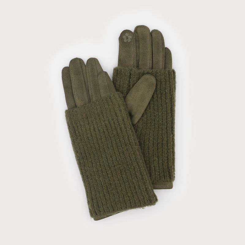 Ribbed Wrist -Warmer with Faux Suede Glove Khaki