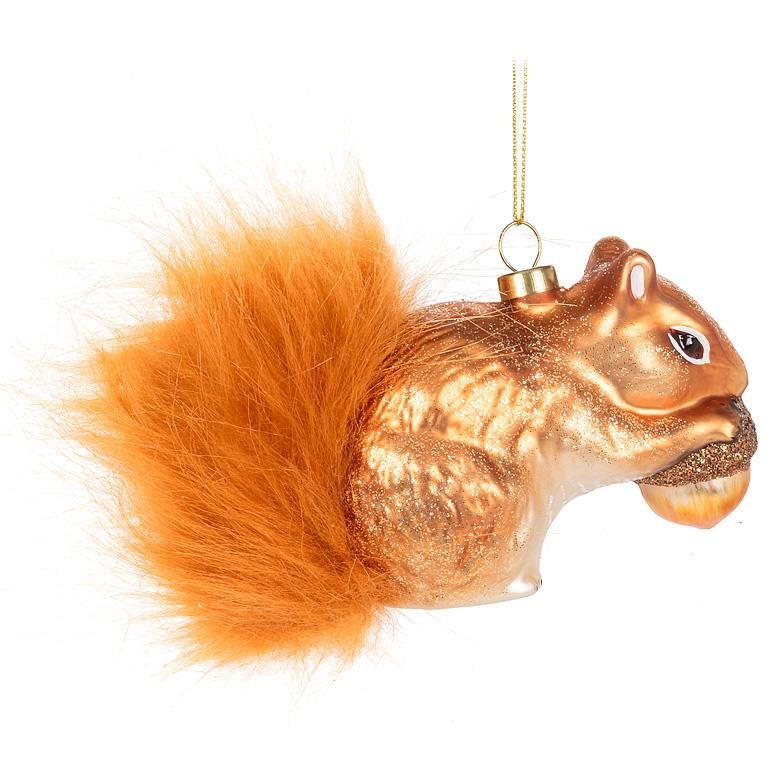 Glass Ornament Red Squirrel w/ Fur Tail