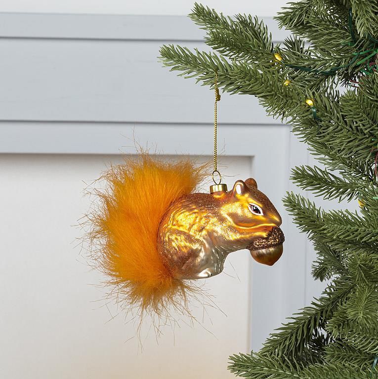 Glass Ornament Red Squirrel w/ Fur Tail