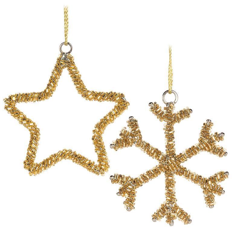 Metal Beaded Ornament Star / Snowflake Outline Gold
