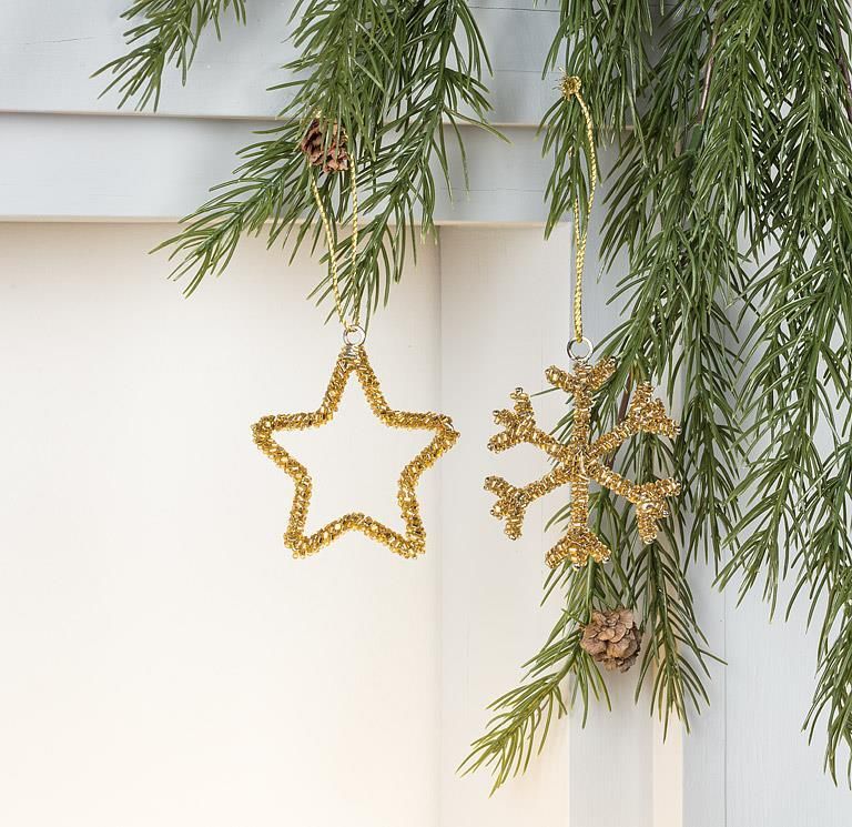 Metal Beaded Ornament Star / Snowflake Outline Gold