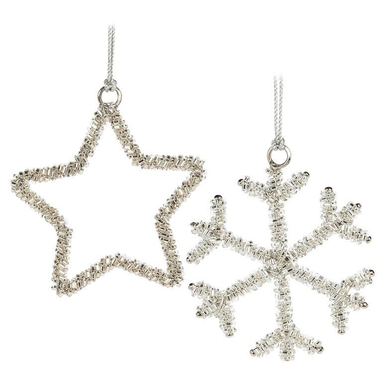 Metal Beaded Ornament Star / Snowflake Outline Silver