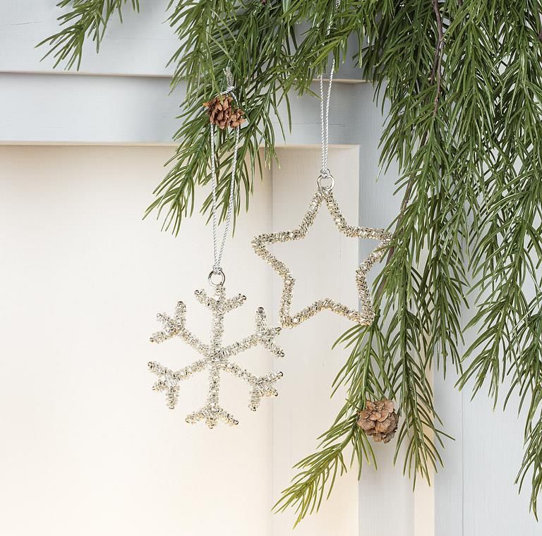 Metal Beaded Ornament Star / Snowflake Outline Silver