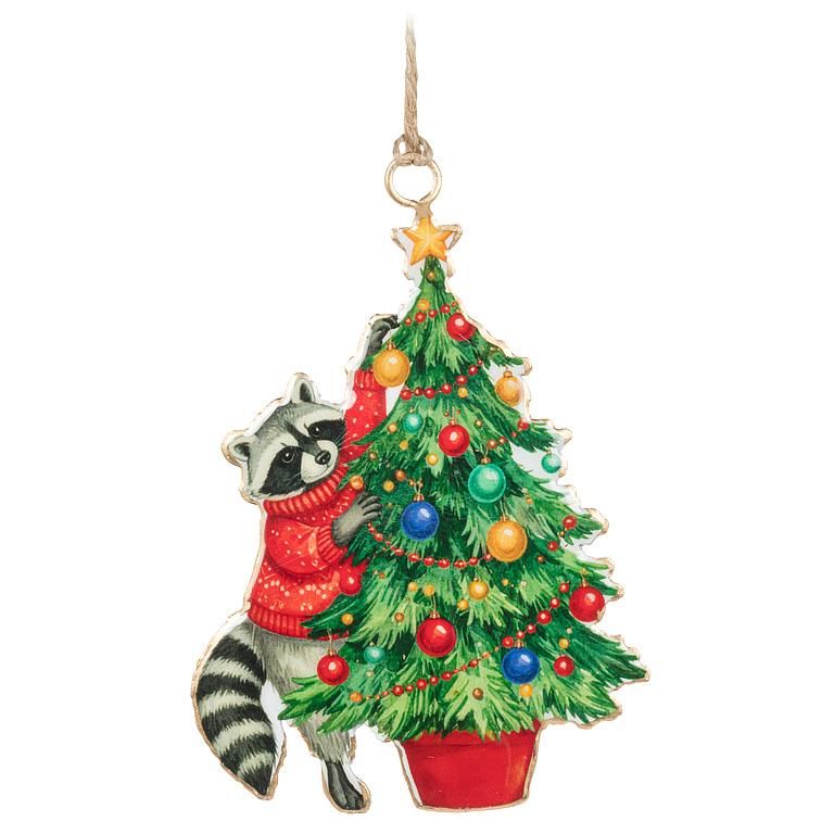 Metal Ornament Raccoon &amp; Christmas Tree
