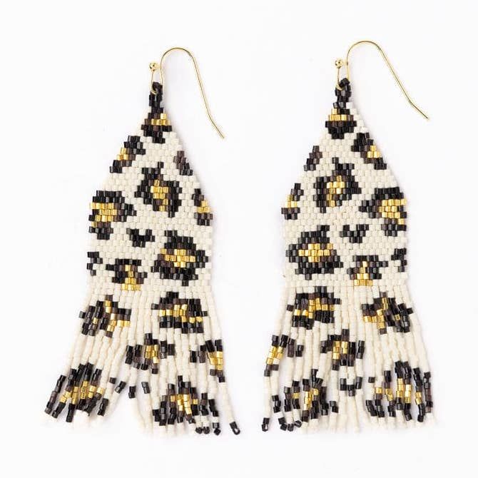 Delilah Cheetah Fringe Earrings Ivory, Black, + Gold