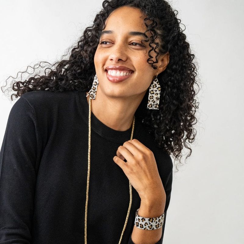 Delilah Cheetah Fringe Earrings Ivory, Black, + Gold