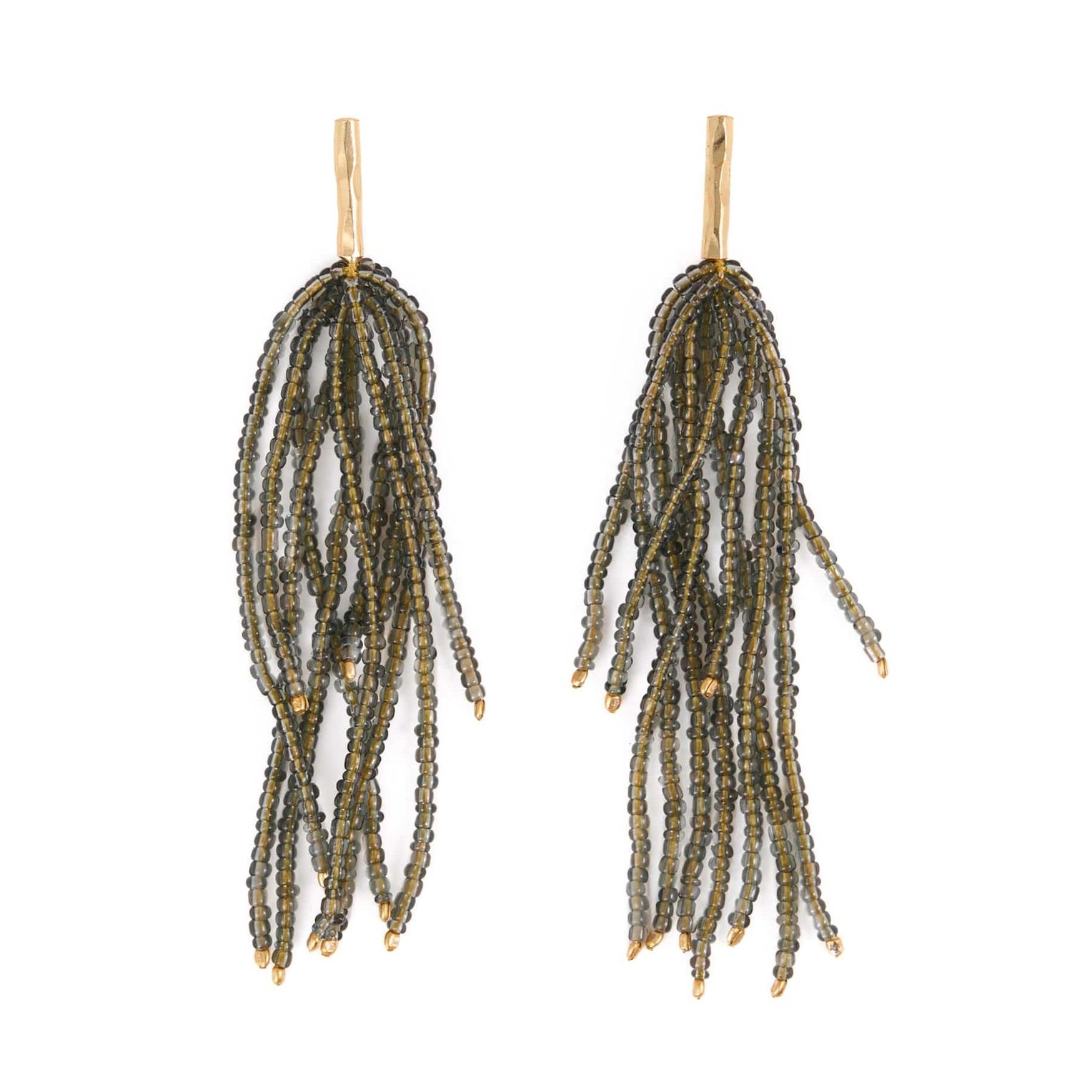 Marissa Brass + Bead Fringe Earrings Olive