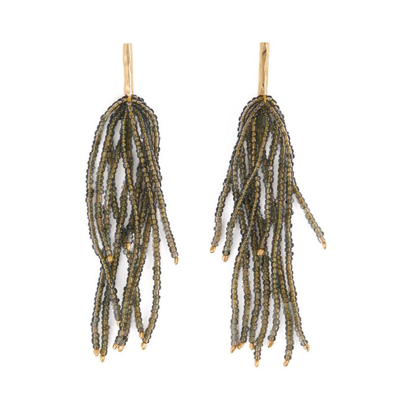 Marissa Brass + Bead Fringe Earrings Olive